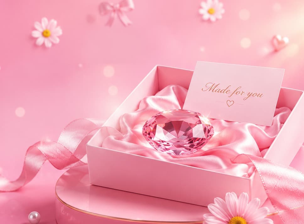 A pink gift box with a keepsake card, ribbon and daisies